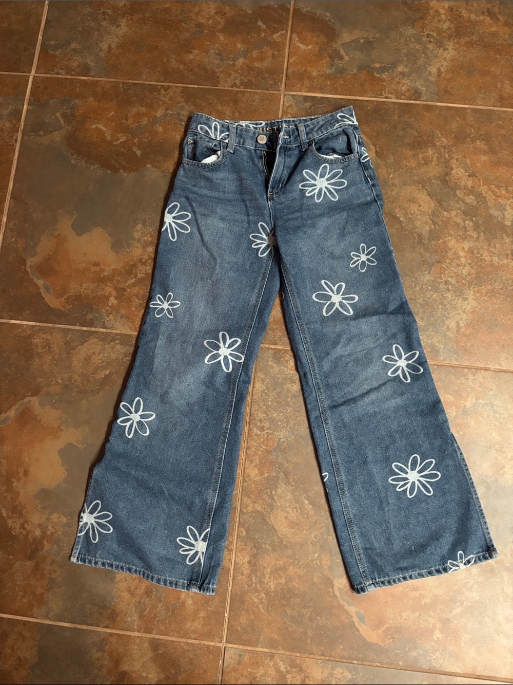 Justice Dark Blue Denim Jeans with White Daisy Print